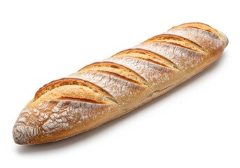 Crusty, freshly baked loaf rests diagonally against a bright white background.
