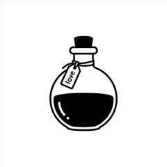 Mysterious potion bottle with a dangling tag clearly labeled with the word love for magic or romance themes