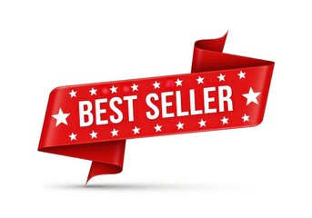 Bright red glossy ribbon banner featuring white text proclaiming top sales achievement against a white background