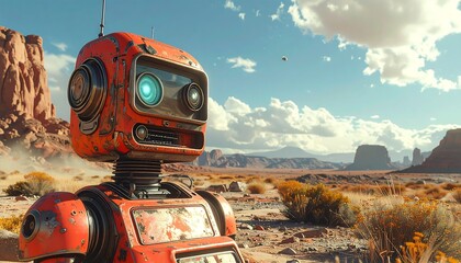 An orange, retro-style robot stands in a desert landscape against a backdrop of mesas and a bright sky