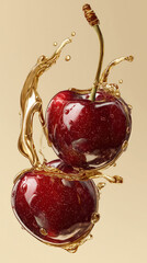 Cherries dripping golden liquid &mdash; macro gourmet fruit on light background