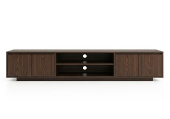 Contemporary entertainment stand featuring dark wood grain veneer and open shelving against a white background