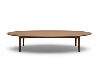 Oval wooden surface supported by gracefully tapered legs forms a modern low table design
