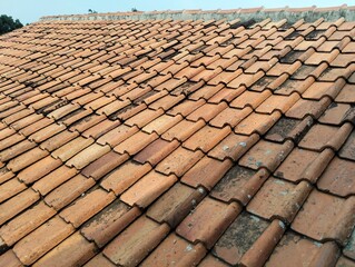 Close-up photo of a house roof with natural brown clay tiles