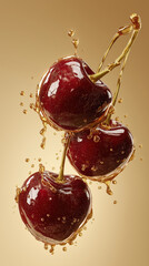 Cherries dripping golden liquid &mdash; macro gourmet fruit on light background