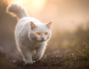 White cat with orange eyes walking in a misty sunrise