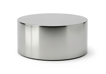 Smooth, highly reflective metallic cylinder rests on a plain white surface