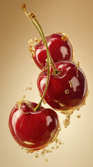 Cherries dripping golden liquid &mdash; macro gourmet fruit on light background