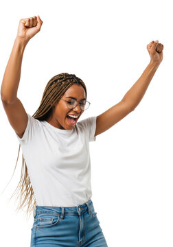 young african american woman with box braids and round glasses celebrating ecstatically with raised fists and open mouth, wearing a white tee against a transparent studio background. Concept of