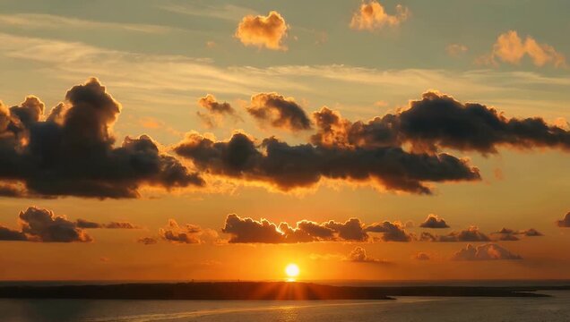 cinematic 4k footage of a sky painted in warm orange tones with soft clouds at sunset creating a serene peaceful and calming atmosphere for landscape travel or meditation stock footage