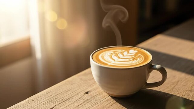 Sunlit coffee cup with steaming latte art by a window in a warm morning glow