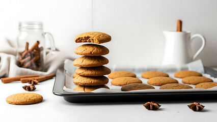 A stack of freshly baked gingerbread cookies on a baking sheet, with one cookie lifted, surrounded by cinnamon and star anise on a white background.