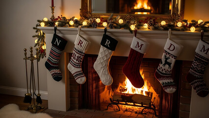Assorted Christmas stockings hanging on a fireplace with a fire burning inside and decorated with lights and a garland on top.
