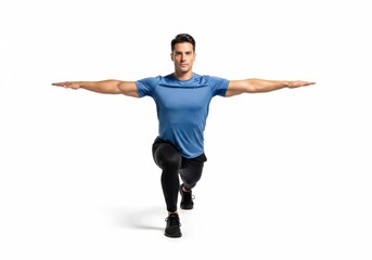 Fit man performs a balanced forward lunge exercise with arms extended sideways