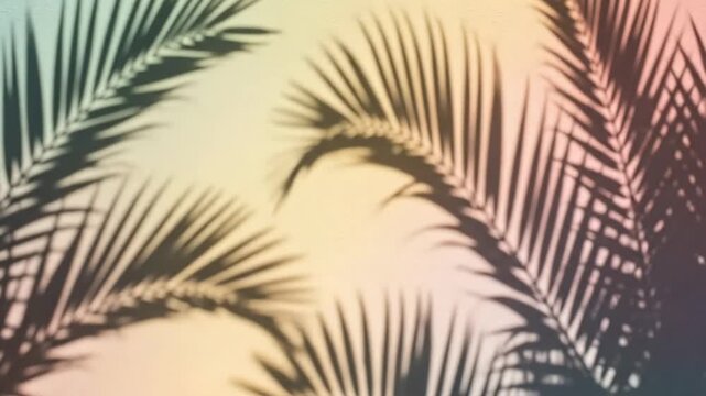 Silhouetted palm leaves dancing under sunset glow with vibrant pastel hues