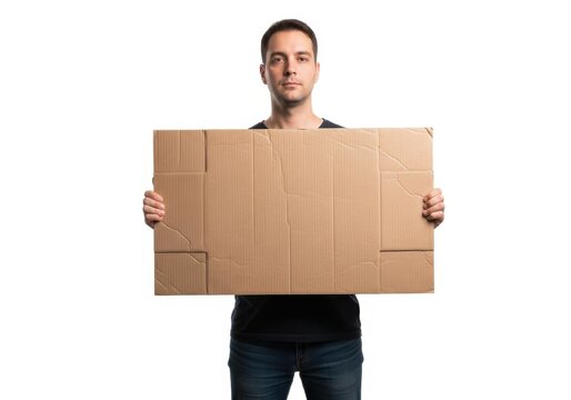 Adult male holding blank corrugated cardboard sheet against white background