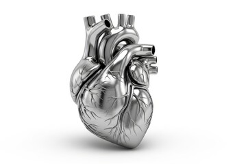 Three dimensional realistic rendering depicts a metallic anatomical human heart isolated against a white background