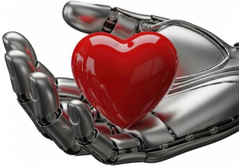 Mechanical hand gently cradles a glossy red heart against a white background