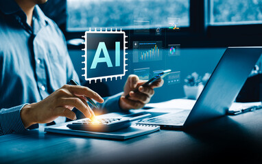 Business professional using AI-powered digital analytics with smartphone, laptop, calculator to evaluate financial data, automate insights,enhance strategic decision-making with advanced AI technology