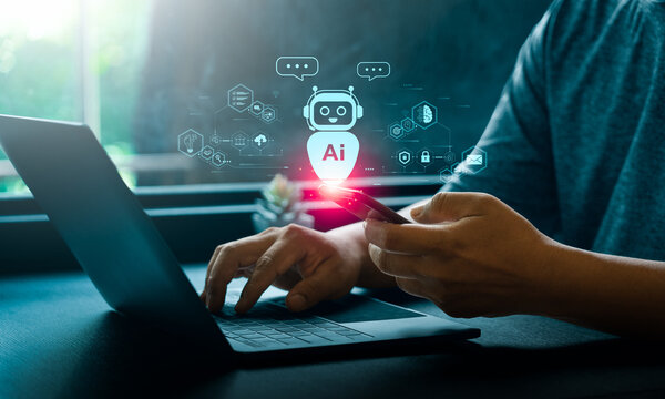 AI assistant helping business concept showing person using laptop with artificial intelligence interface for data analysis, automation, and productivity improvement in modern digital technology