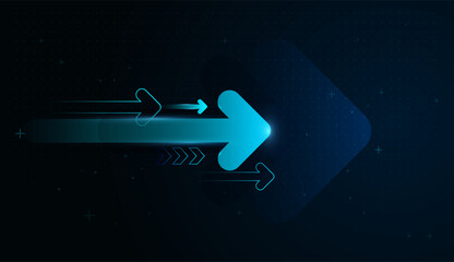 A Glowing arrows move horizontally, representing steady progress and streamlined financial operations. and blue arrows race forward on a dark Background, visualizing innovation