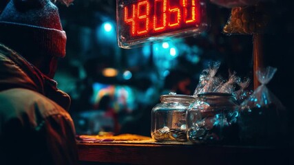 A solitary figure stands before a vibrant display of illuminated currency, contemplating choices amidst a night market scene rich with color and atmosphere, evoking feelings of curiosity and