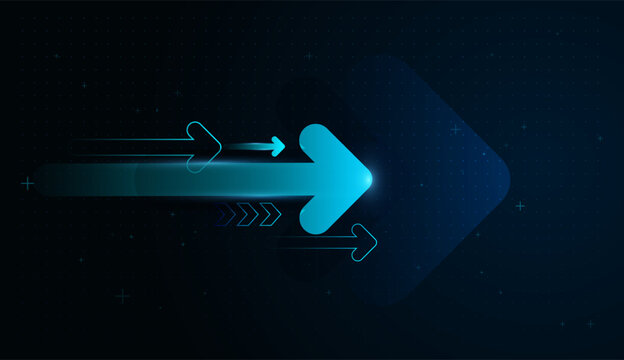 A Glowing arrows move horizontally, representing steady progress and streamlined financial operations. and blue arrows race forward on a dark Background, visualizing innovation