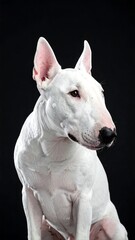 White dog in studio with black background, looking intently
