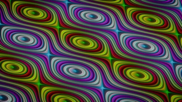 Colorful animation of vibrant psychedelic art patterns with hypnotic distortions across the surface. Trippy flow background made of liquid gradients forming smooth curves, ovals and waves. 4K 60 fps