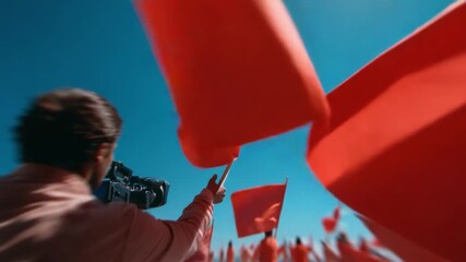 A vibrant scene of people waving bright red flags against a clear blue sky, capturing a moment filled with passion, energy, and a sense of unity as they celebrate together.