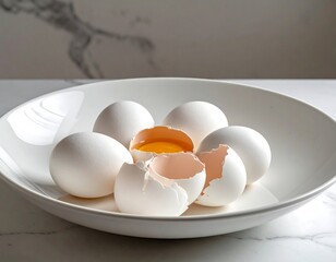 White eggs, one cracked open, sit in a white bowl