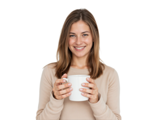 Woman holds white mug and smiles in a light setting with simple background during daytime