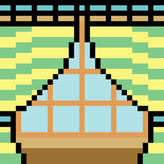 Pixel art of curtains with windows on a white background