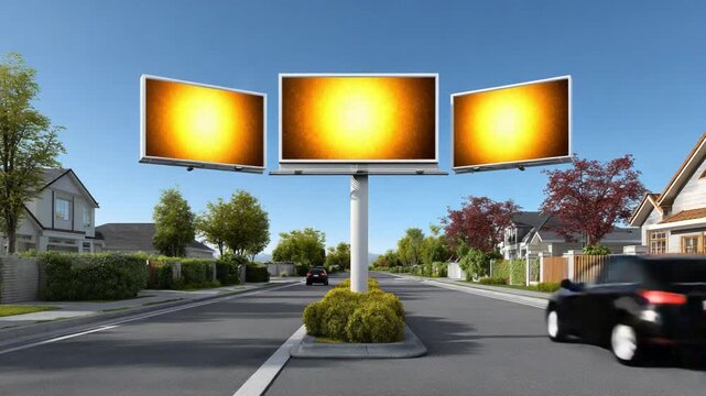 Large billboard mockup overlooking a quiet cul-de-sac, vivid blue sky, subtle shadows on homes, photographic 4k clarity