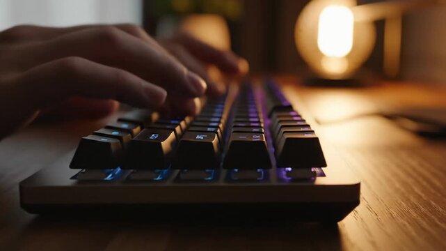 Person typing on backlit keyboard in cozy home office