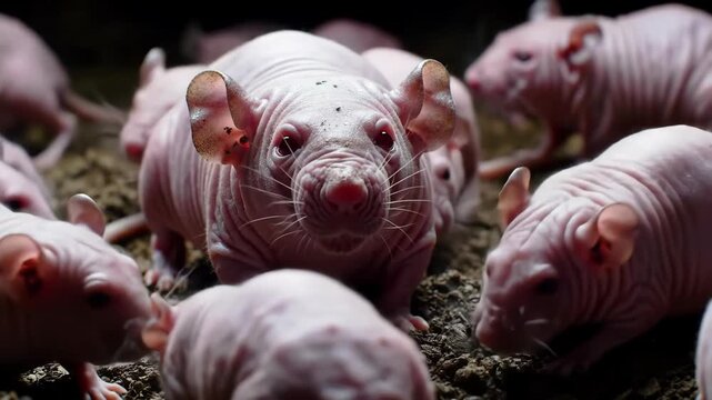 Group of pink hairless rodents gathered closely on dark substrate