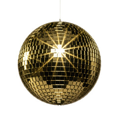 Fototapeta premium macro close-up of an opulent gold-tiled disco ball suspended on a seamless transparent studio background with an intense starburst lens flare, dramatic high-key lighting. Energetic celebration