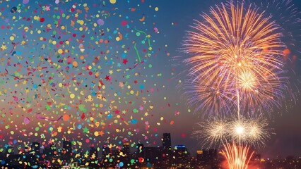 Feel the magic of New Year's Eve with vibrant fireworks and confetti raining over the city skyline, a celebration of new beginnings and joyful moments
