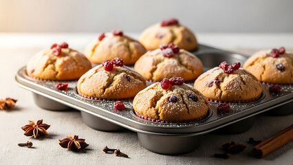 Homemade muffins baked with cranberries and sprinkled with powdered sugar, served in a baking pan, decorated with star anise and cloves.