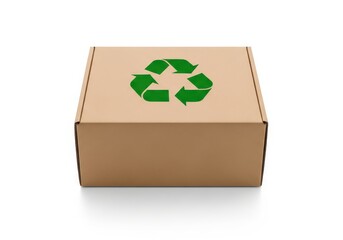 Cardboard shipping container displays prominent green symbol indicating ecological responsibility
