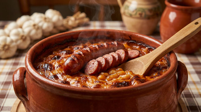 Baked Beans (Prebranac) in Traditional Clay Pot with Sausage