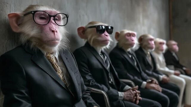 A group of sophisticated monkeys dressed in formal suits and accessories, including glasses, waiting in a line, showcasing an unexpected blend of intelligence and humor in a corporate setting.