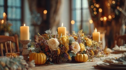 Thanksgiving Gathering: A warm and inviting table setting is centered by an autumn floral arrangement, illuminated by flickering candles, and adorned with miniature pumpkins.