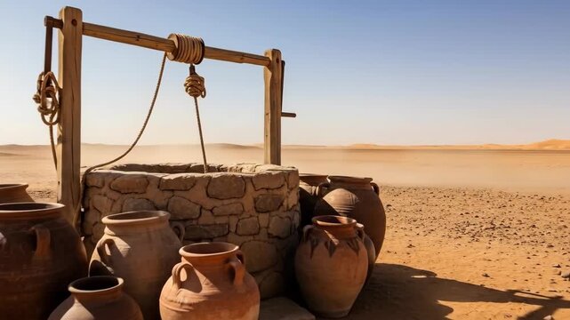 Desert well with earthen jars in breezy landscape capturing dust and motion