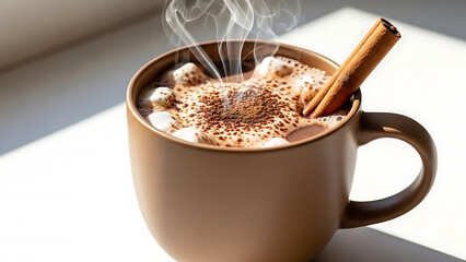 Close-up of a steaming cup of hot chocolate with mini marshmallows, cocoa powder, and a cinnamon stick on top, illuminated by bright sunlight.