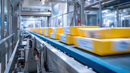 Yellow packaged goods moving along a blue conveyor belt in a factory packaging