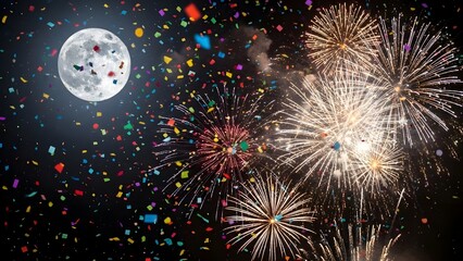 Celebrate under the moon with vibrant fireworks and confetti, perfect for New Year's, 4th of July, or any dazzling special occasion!