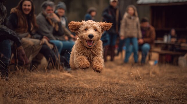 Golden doodle puppy mid air jump in dry grass with blurred happy people watching