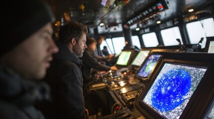 Mariners monitoring radar and navigation screens in a ship's control room