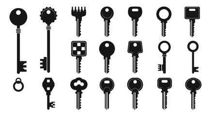 Collection of various keys and locks in black silhouette